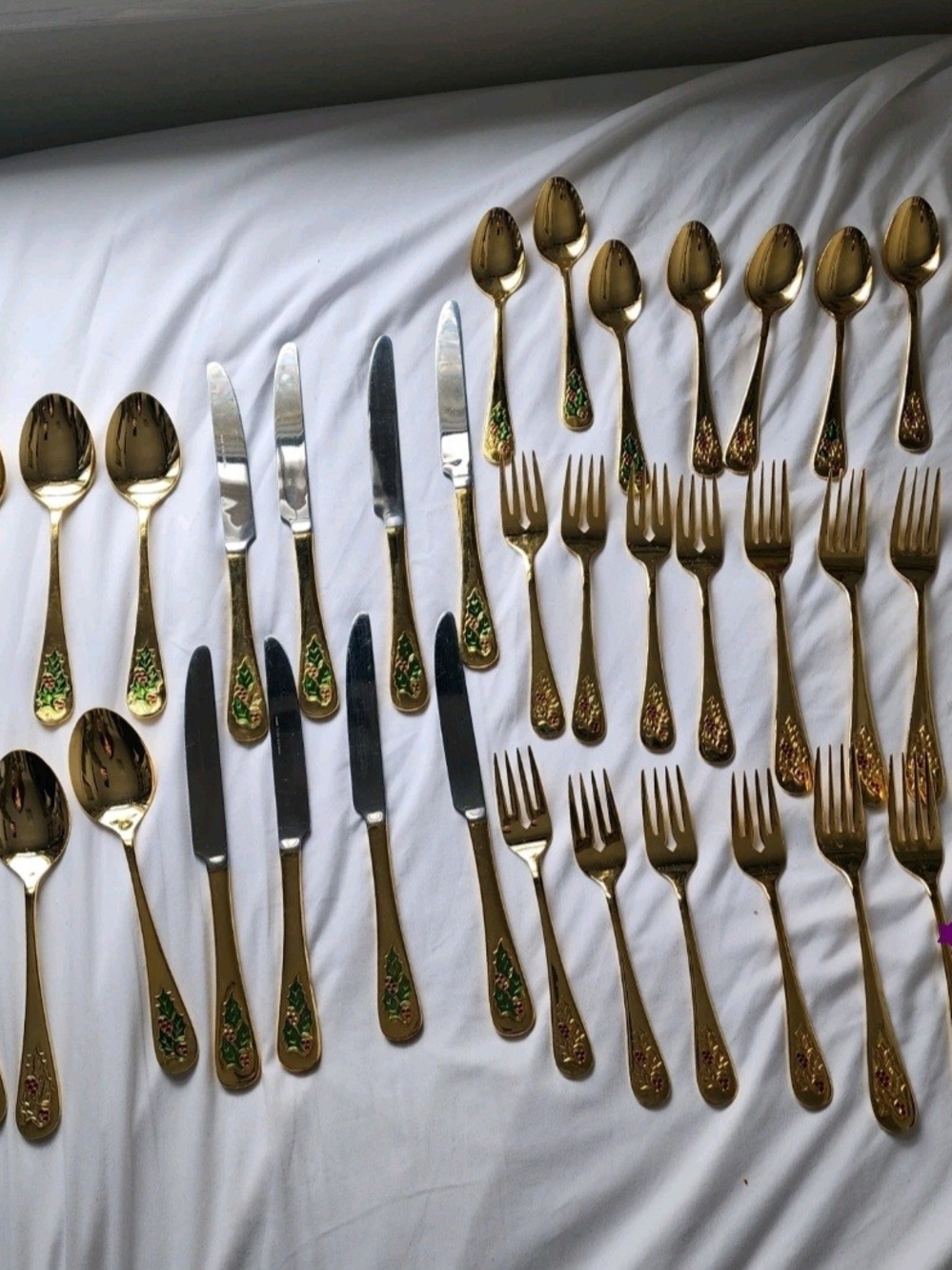 Vtg Set of 40 Christmas Holiday Holly Berry Gold Stainless Steel Japan Silverwar